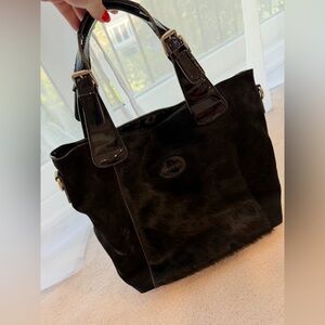 Real Italian Leather 100% Black Patent Suede Leather Tote Bag with Lama Skin Fur